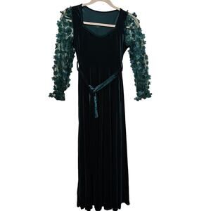 Velvet Holiday Maxi L Dress Forest Green. 3D sheer floral Sleeve. Events Party‎
